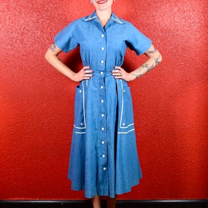 1940s Nautical Dress Chambray Blue with Stars image 2