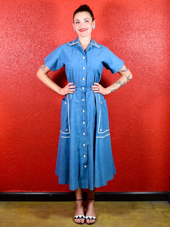 1940s Nautical Dress Chambray Blue with Stars - image 2