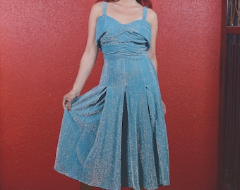 1950s Blue Lurex Pleated Cocktail Dress