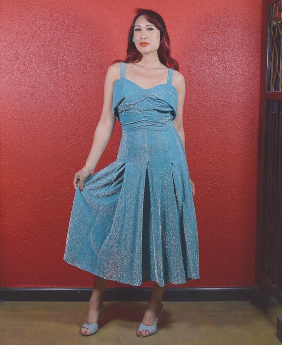 blue lurex dress 1950s Pleated Cocktail a stunning addition that