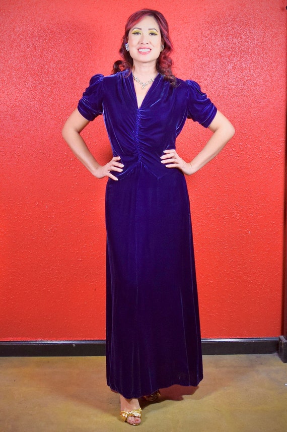 1930s Blue Velvet Evening Gown