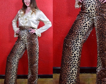 1960s 70s Leopard Print Wide Leg Pants