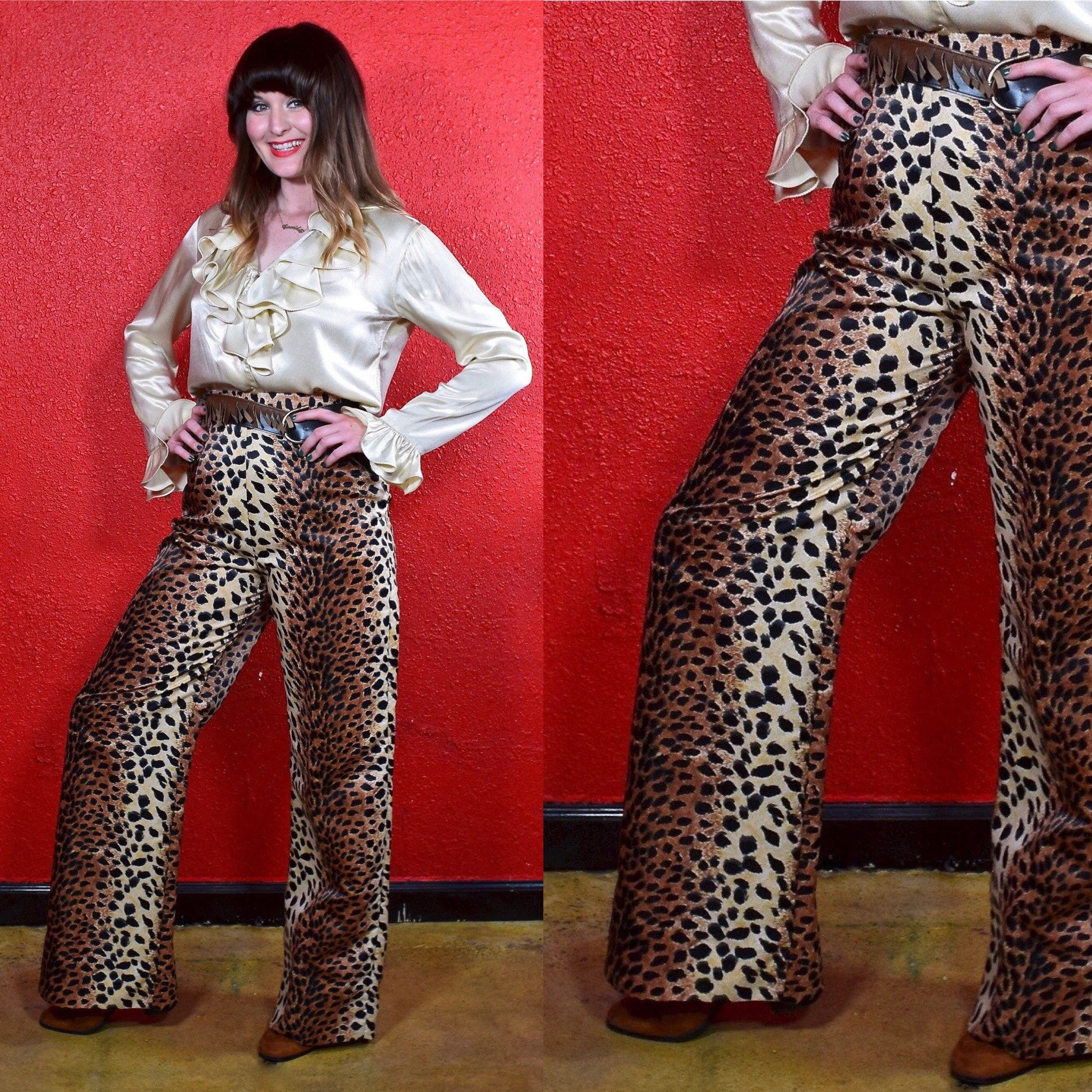 1960s 70s Leopard Print Wide Leg Pants 