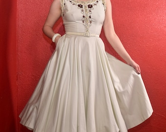 1950s Circle skirt Cotton dress with Beaded Neckline