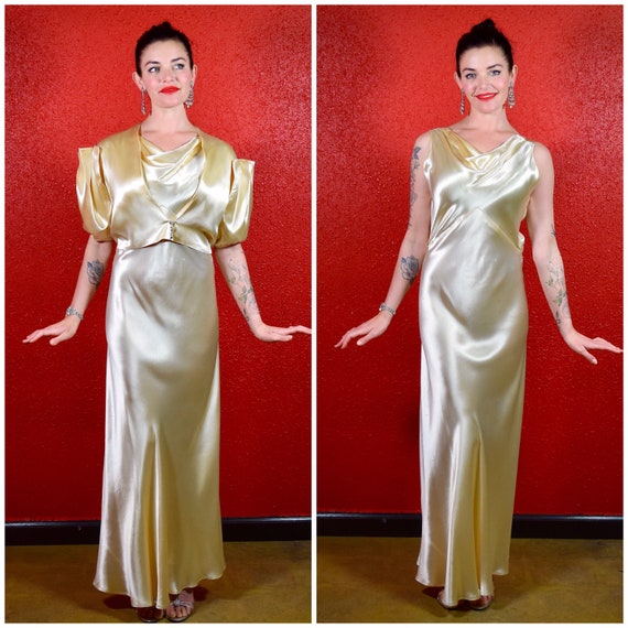 1930s Liquid Satin Gown Ivory Bias Cut Dress and Bolero Wedding