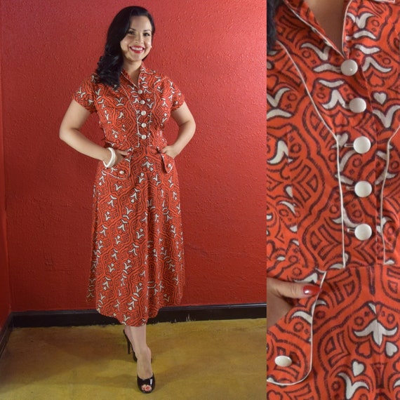 1940s 50s Dress Heart Print Cotton Nancy Frock Med