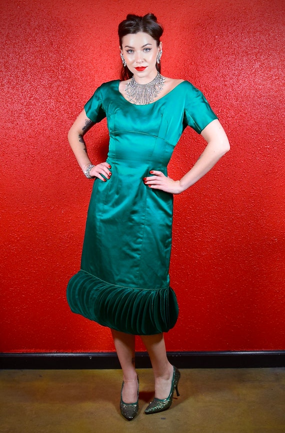 1950s Green Satin Cocktail Dress Flutter Hem Gem