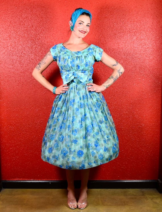 Sale 1950s 60s Blue Floral Fit & Flare Dress