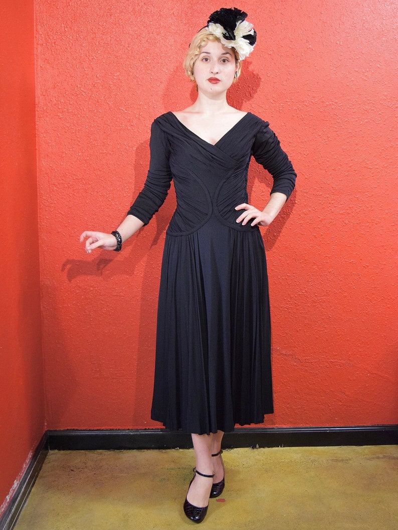 1950s Ceil Chapman Designer Jersey Draped Dress image 3