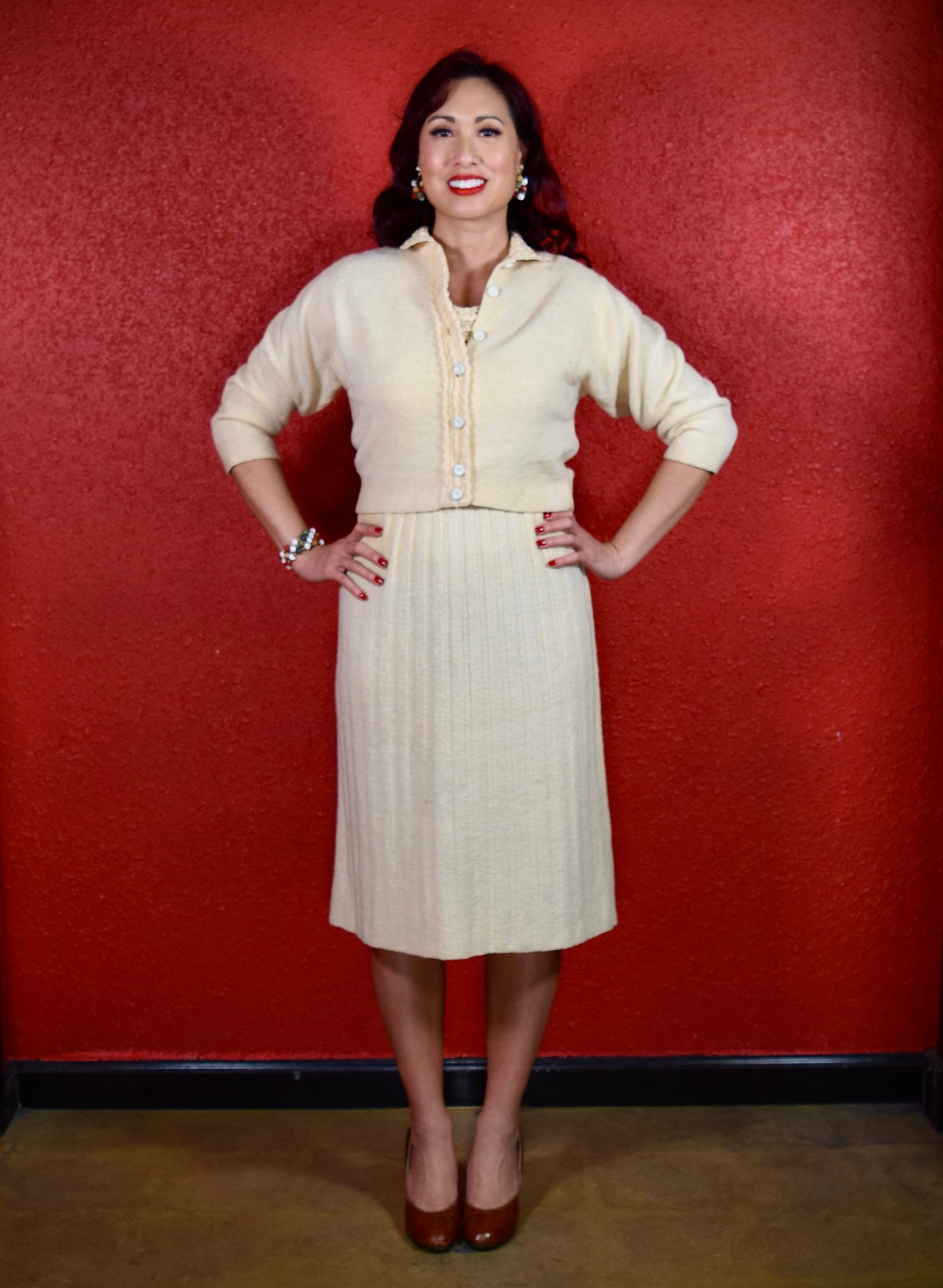 40S 50S Mellow Yellow Knit Dress & Jacket Two Piece