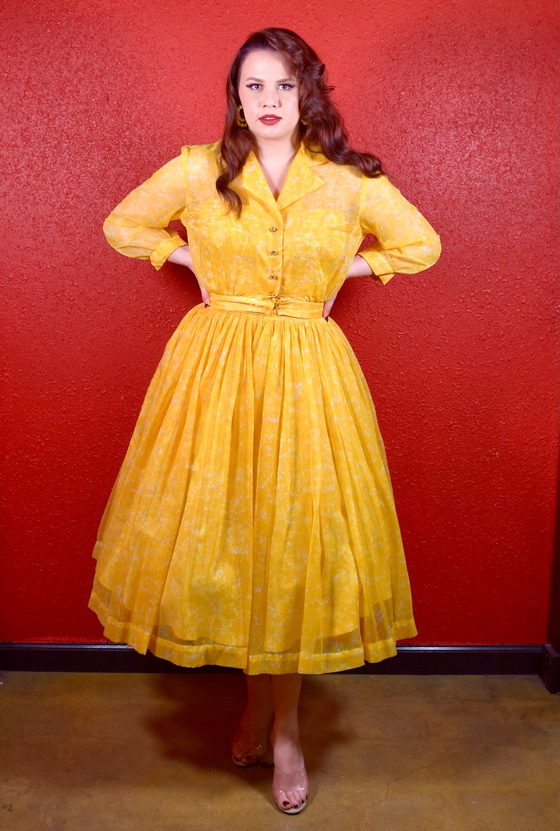1950s Yellow Chiffon Two Pice Dress & Jacket Ensemble image 2