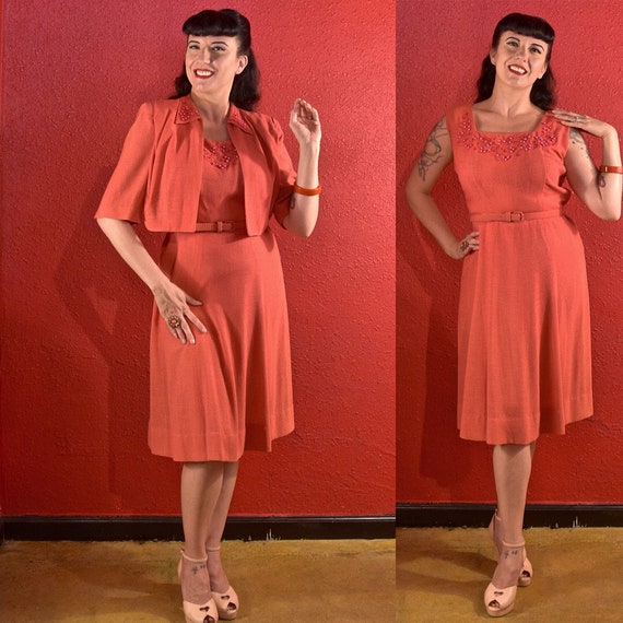 1940s Dress and Bolero Large Coral Dyed Pearls