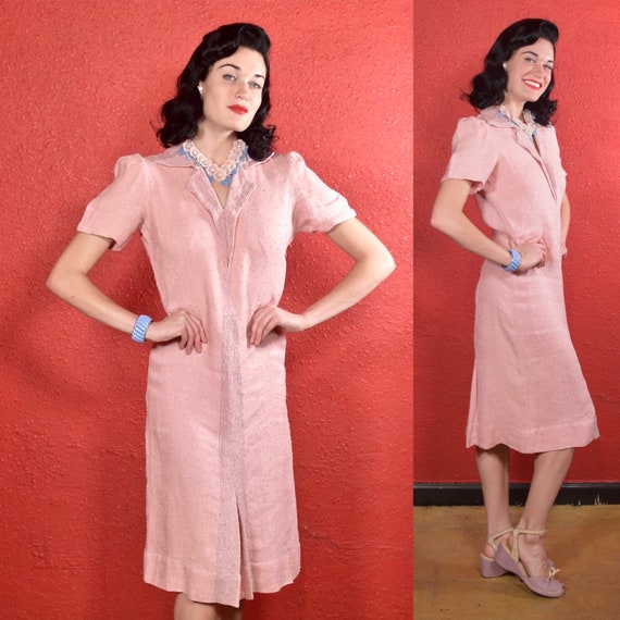 1930s Pink Dress Nubby Cotton