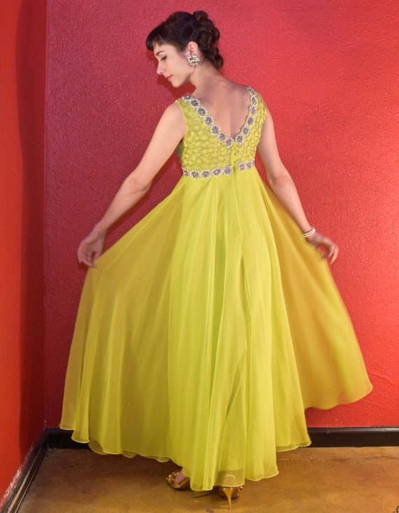 1960s Chartreuse Chiffon & Beads Gown - image 6