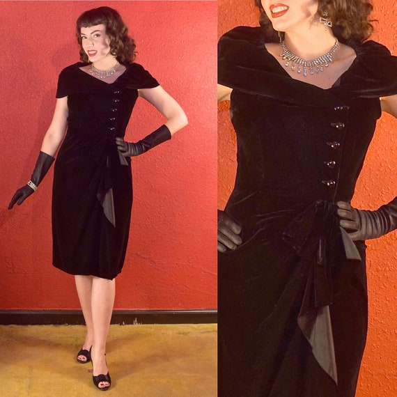 1950s Suzy Perette Dress Black Velvet Draped Sheat