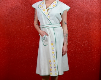 1930s Embroidered Cotton Wrap Dress