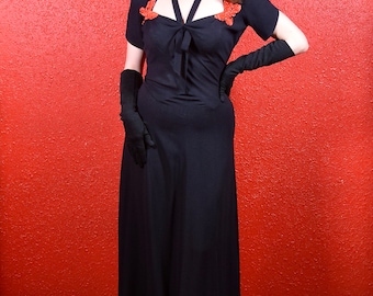 1930s Black Crepe Gown Red Sequins