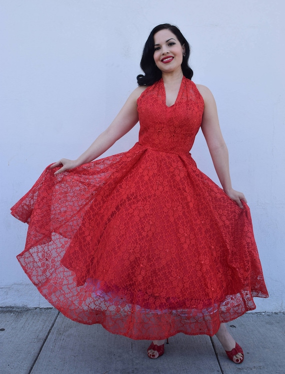 1950s Dress Red Lace Halter Neck Holiday Pinup Sm… - image 1