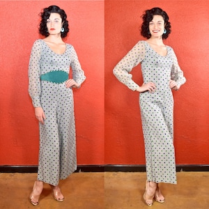 1950s 60s Polka Dot Jumpsuit Rayon and Silk XS Deadstock image 1