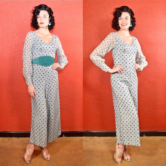 1950s 60s Polka Dot Jumpsuit Rayon and Silk XS De… - image 1