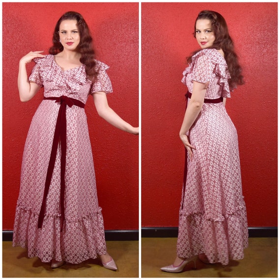 1970s Lavender Eyelet Maxi Dress Cottage Core