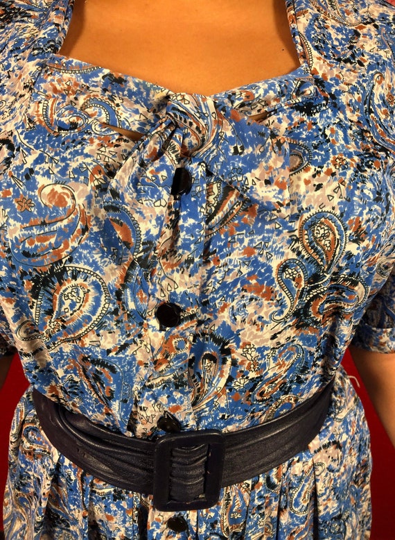 1940s Blue Paisley XL Rayon Jersey Dress - Shirtw… - image 2