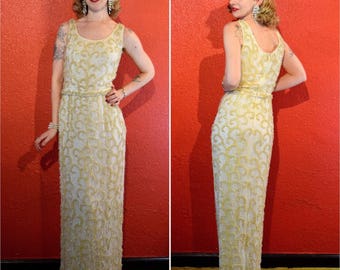 1950s 60s Ivory Sequin Gown with Belt Small/Medium