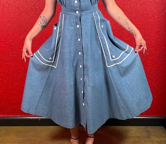 1940s Nautical Dress Chambray Blue with Stars - image 6