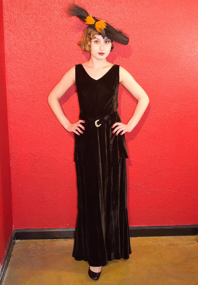 1930s Silk Velvet Black Gown Peplum image 2