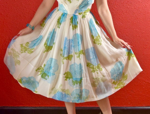 1950s Dress Chiffon Aqua Poppy Fit and Flare - image 7