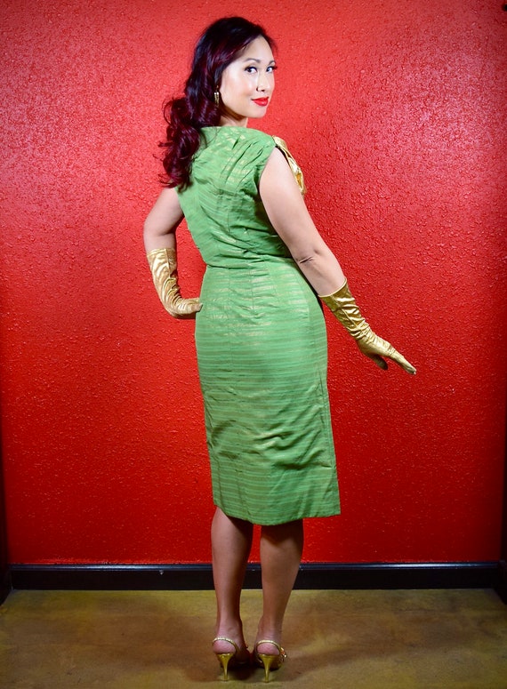1950s Liquid Gold Lamé and Green Dress Wiggle Dre… - image 9