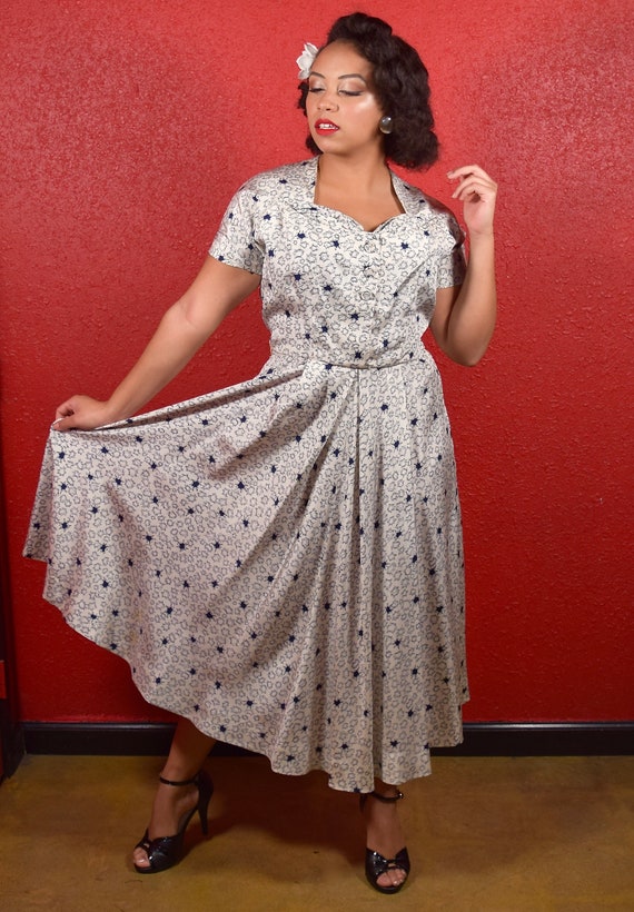 1940s Silk Novelty Print Dress Large