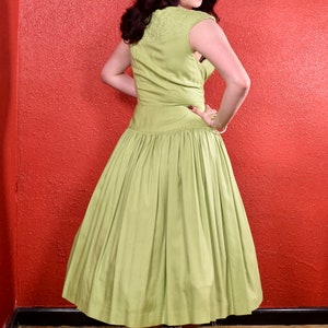 1950s Lime Green Cotton Full Skirt Dress Soutache Panel image 5