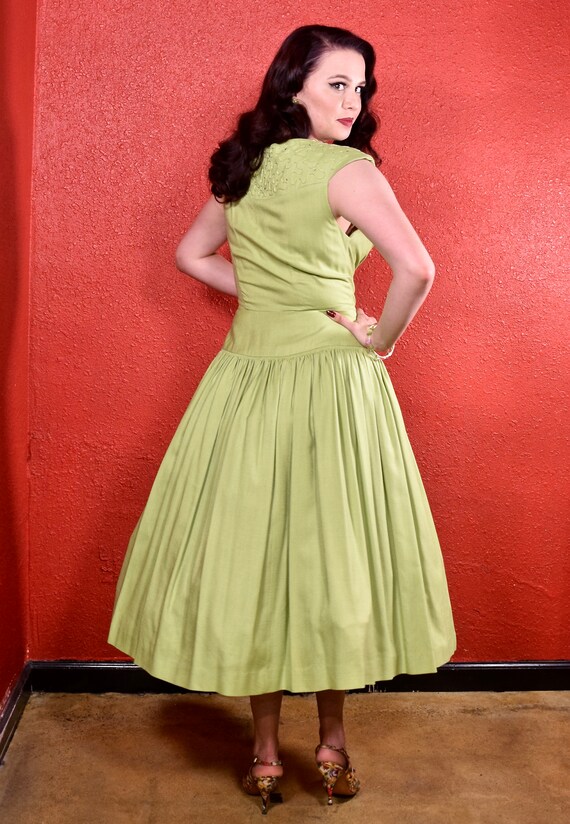 1950s Lime Green Cotton Full Skirt Dress Soutache… - image 5