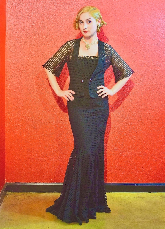 1930s Black Eyelet Gothic Gown & Bolero - image 1