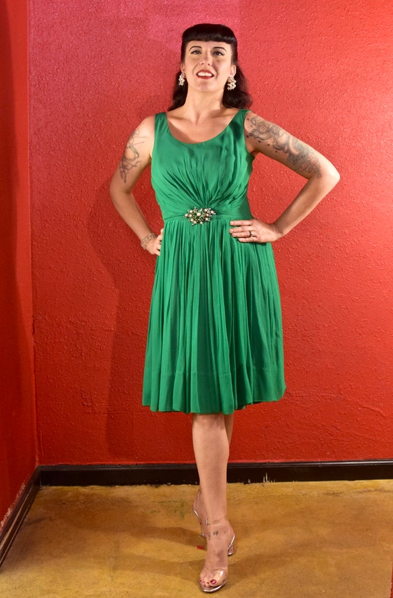1950s Green Chiffon Dress with Jewel Center Large