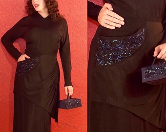 1940s Black Crepe Dress with Iridescent Blue Bead Pocket and Peplum