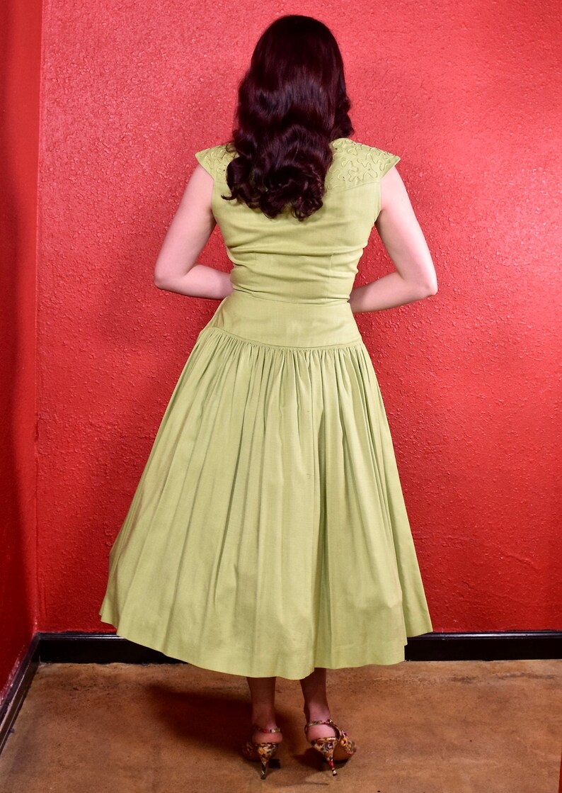 1950s Lime Green Cotton Full Skirt Dress Soutache Panel image 4