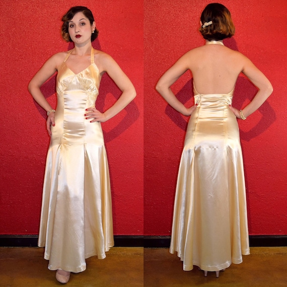 1930s Ivory Satin Gown Halterneck Low Back XS