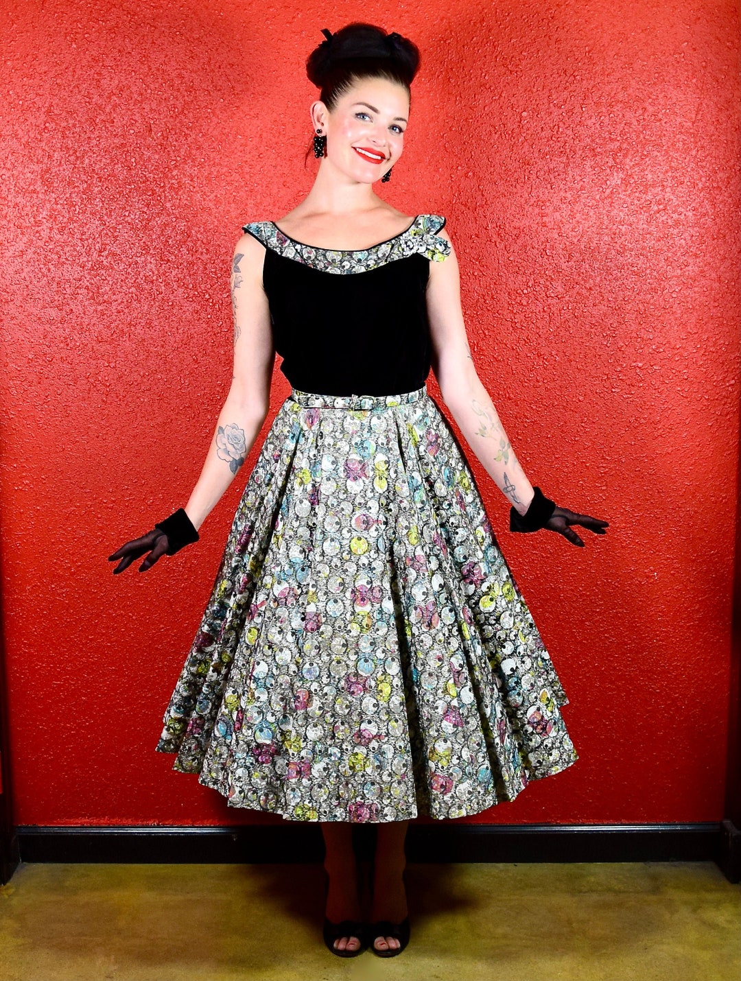 1950s Multicolor Velvet Paper Taffeta Print Circle Dress