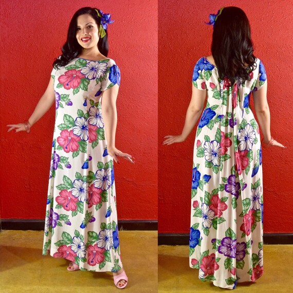 1940s 50s Rayon Hawaiian Print Dress