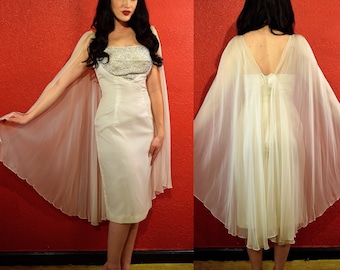 1950s Snow White Cocktail Dress Chiffon and Beads Wedding Deadstock