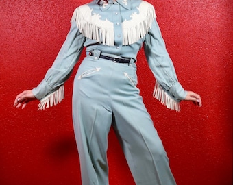 1940s 50s Gabardine Leather Fringed Pants Suit Rare