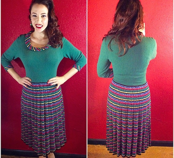 1940s 50s Green Knit Dress Stripe Metallic Ribbed