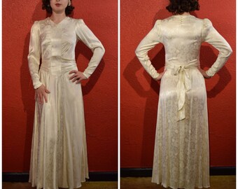 1930s 40s Silk Damask White Gown Vintage Bridal Dress Small