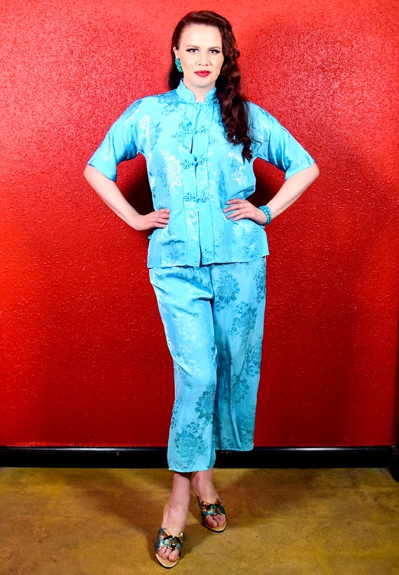 1950s Palace Crepe Aqua Lounge Pajamas