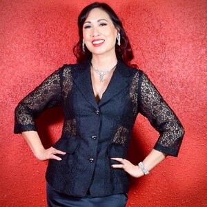 black lace skirt red blazer