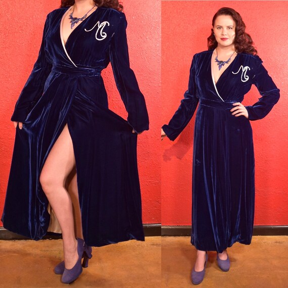 1930s Silk Velvet Lounge Dress Royal Blue Robe M