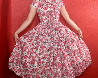 1950s Smocked Floral Fit and Flare Cotton Dress