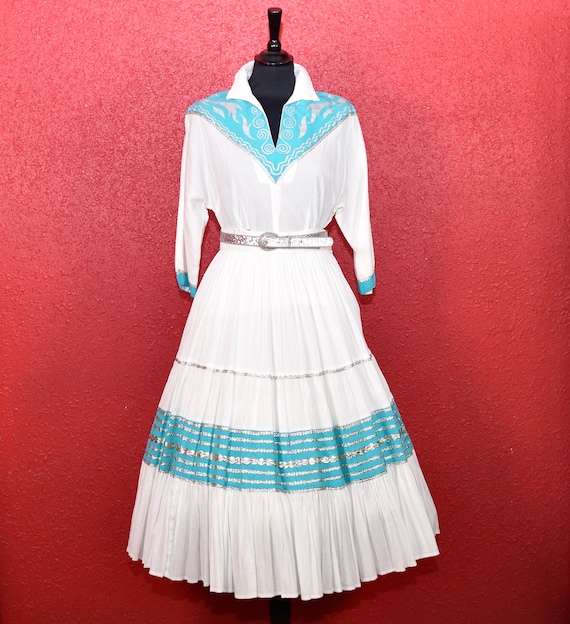 1950s Patio Dress Faye Creations Aqua & White